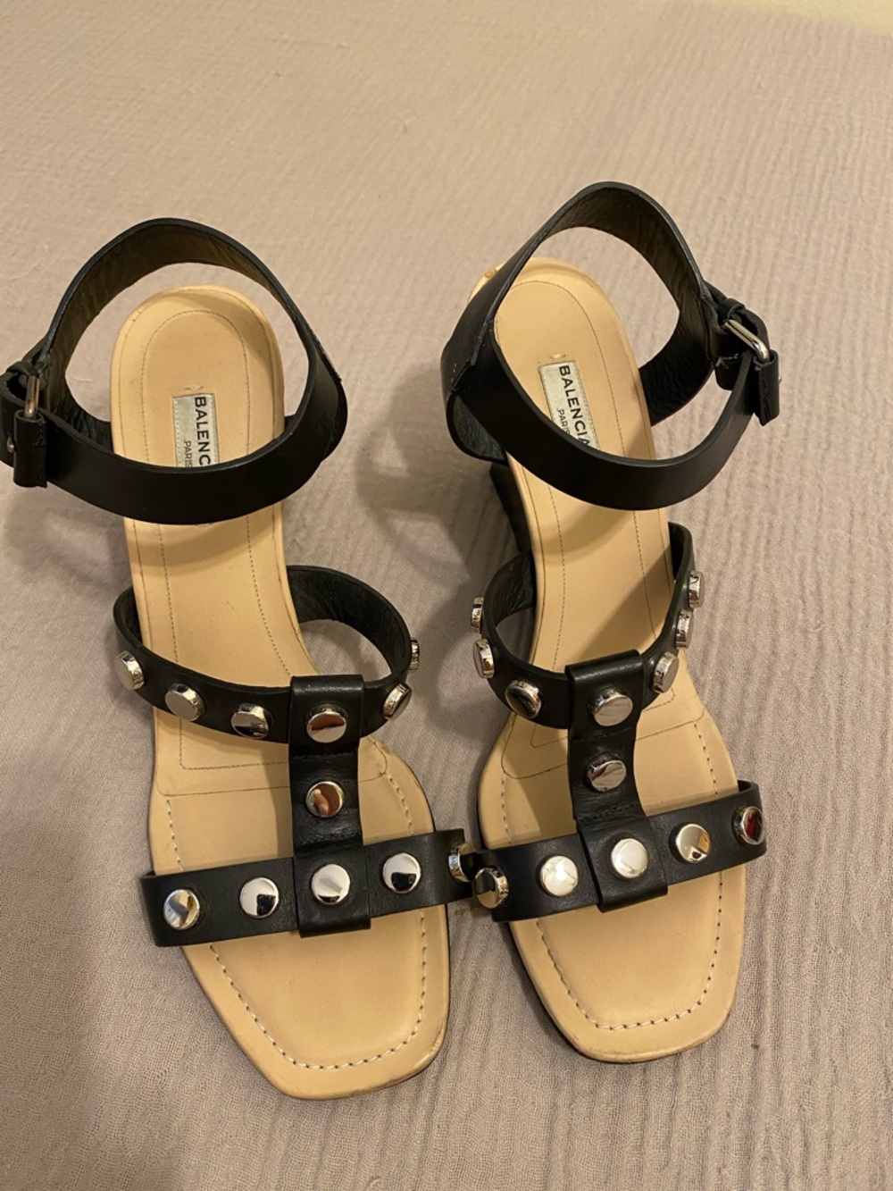 Balenciaga Black Leather Studded Ankle-Strap Sandals. Size 39.5